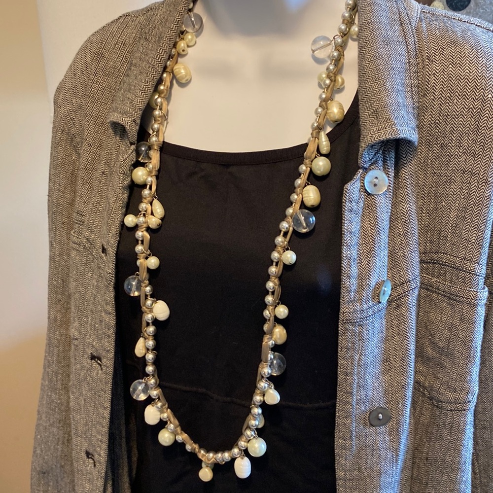 Chico’s Ribbon and Pearl silver tone bead 36” necklace w/ 4” ext